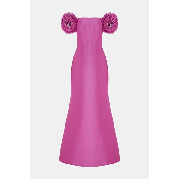 Badgley Mischka Mikado Mermaid Gown Off-Shoulder Pinwheel Flowers pink size 4 - Picture 6 of 15